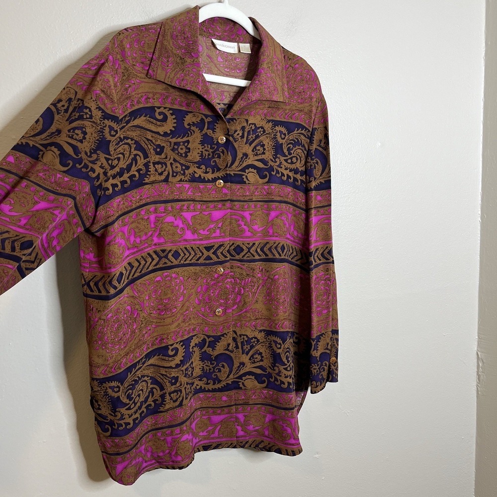 Vtg Dana Buchman Silk Blouse Button Up 12 Lagenlook Tunic Pink Brown‎ Boho Artsy - Picture 3 of 10